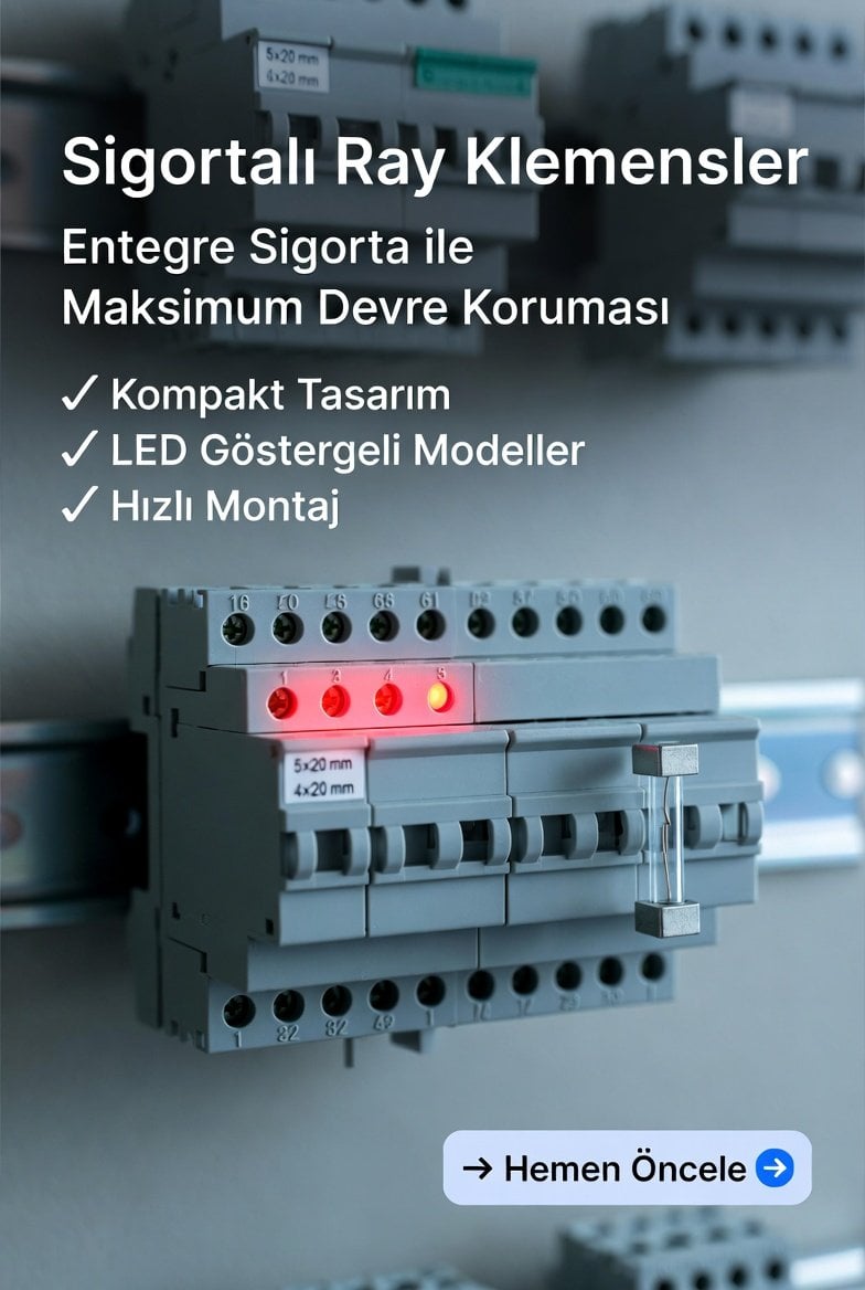 DIN ray montajlı sigortalı ray klemens – 5x20 sigorta yuvalı LED göstergeli endüstriyel fuse terminal block ayırmalı klemens