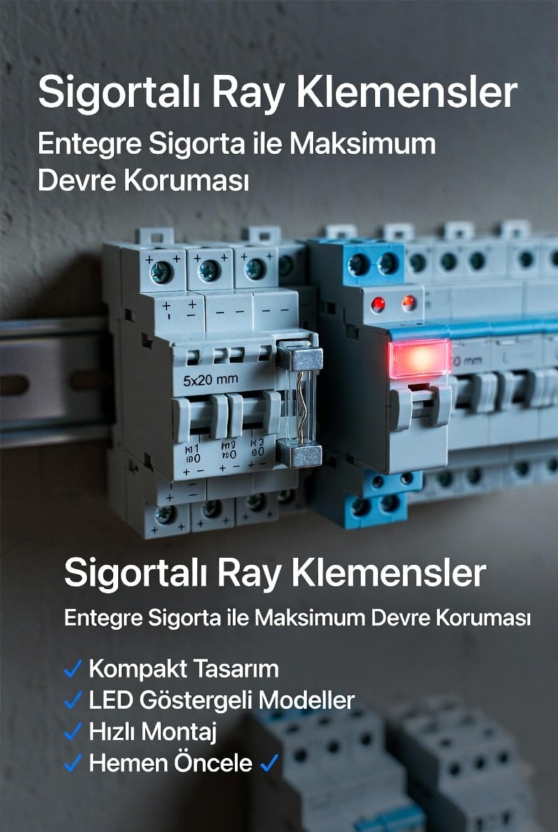 DIN ray montajlı sigortalı ray klemens – 5x20 sigorta yuvalı LED göstergeli endüstriyel fuse terminal block