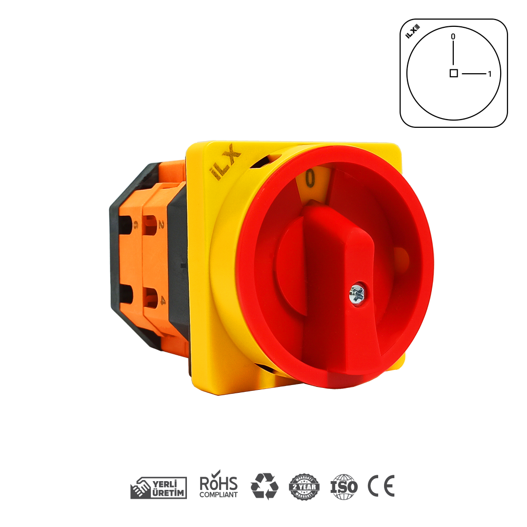İLX İL-XL6-A03-040, 3x40A akım kapasiteli, 3 fazlı aç-kapa (0-1) fonksiyonlu sarı-kırmızı paket şalter