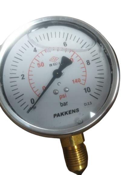 Pakkens 1001001107 gliserinli manometre, Ø100 mm, 0–10 bar/psi, alttan bağlantılı, CL 2.5