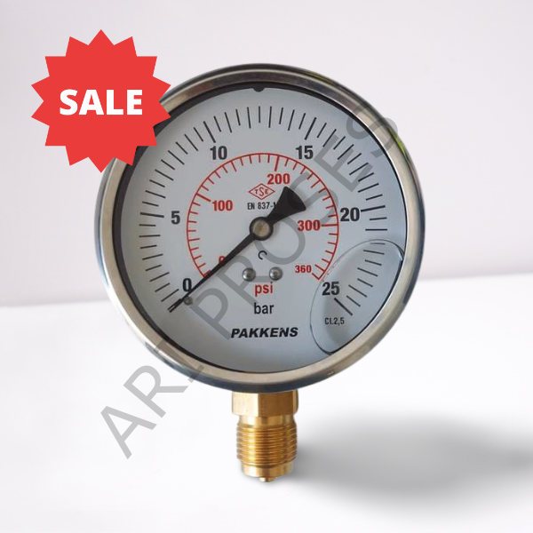Pakkens Manometre Ø100 mm 0-25 Bar/Psi Alttan Çıkışlı Gliserinli G1/2''B 1001001109