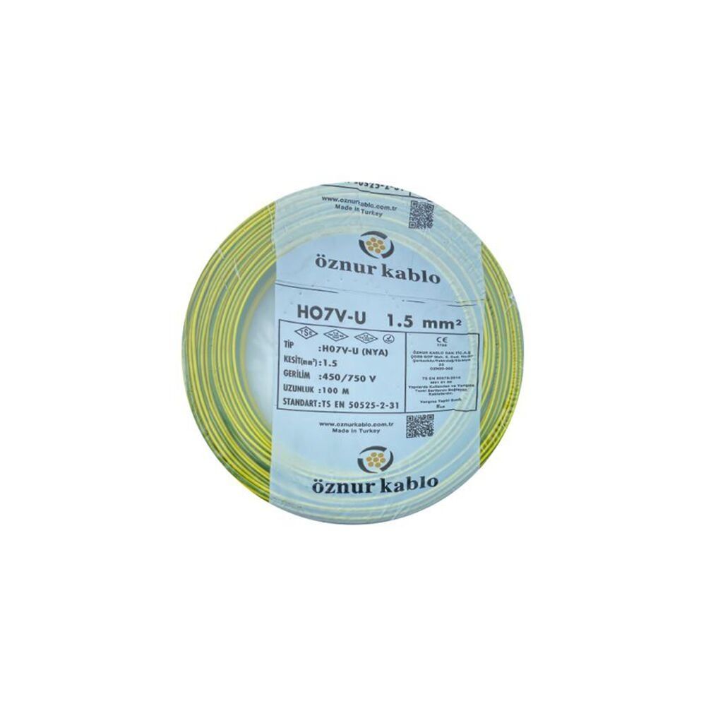 Öznur 1.5mm² NYA Sarı Yeşil Kablo H07V-U  100 Metre