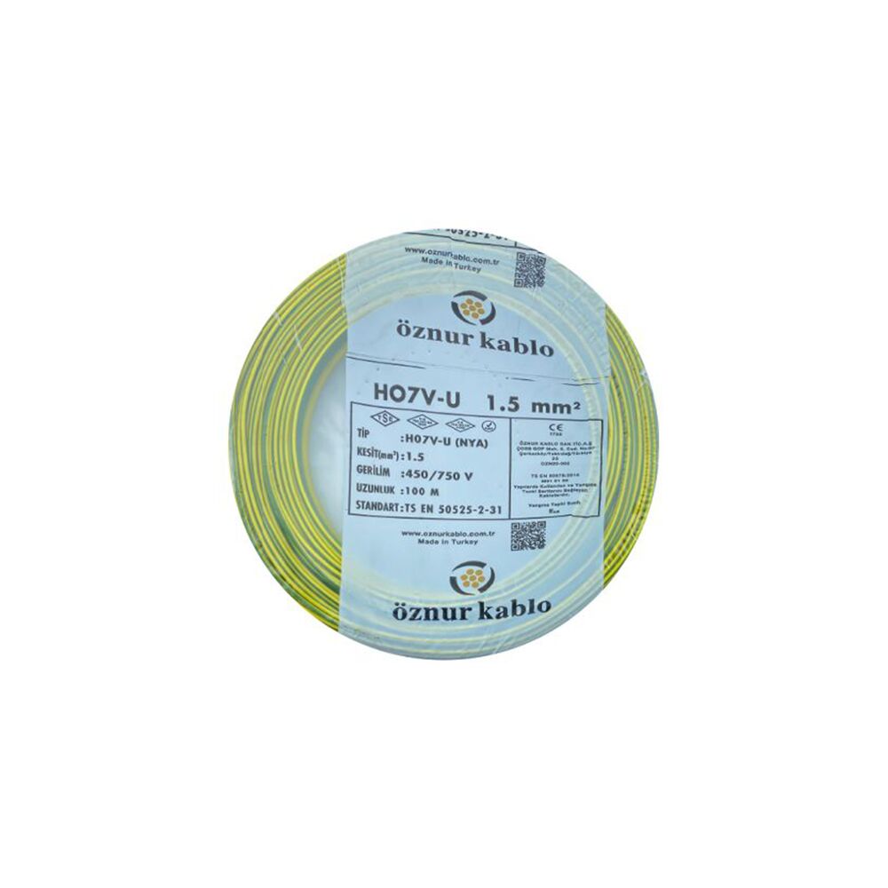 Öznur 1.5mm² NYA Sarı Yeşil Kablo H07V-U  100 Metre