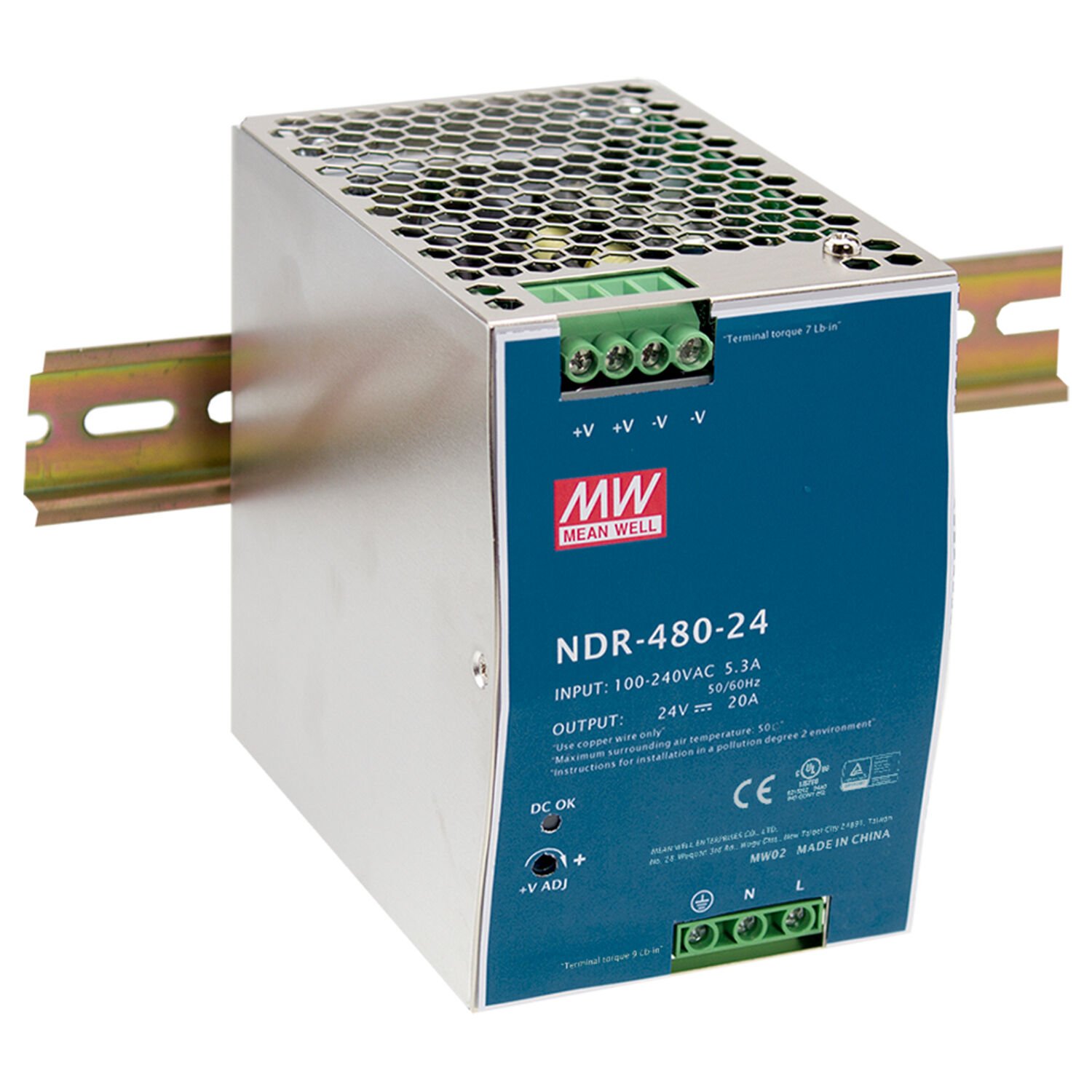 Mean Well NDR-480-24 | 24V 20A 480W DIN Ray Tipi Güç Kaynağı