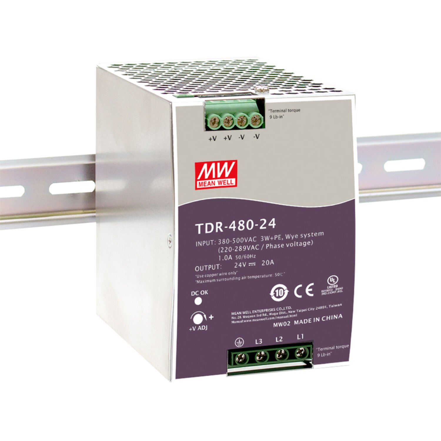 Mean Well TDR-480-24 | 24V 20A 480W Üç Faz DIN Ray Güç Kaynağı